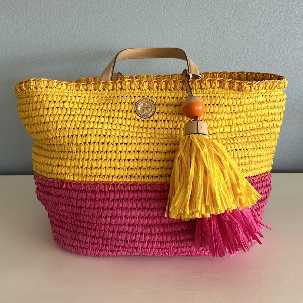 Tory Burch • Pink & Yellow Straw Beach Summer Bag Tote With Tassel - Picture 4 of 16